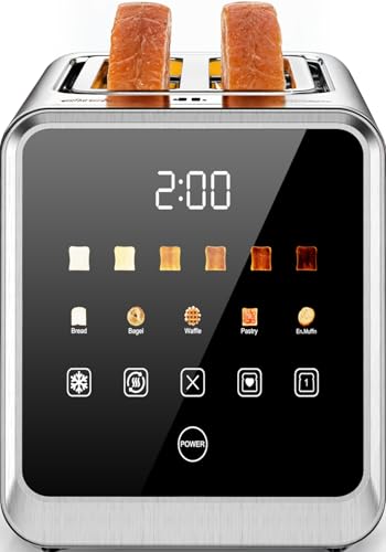 Touch Screen Toaster 2-Slice with 1.5" Wide Slots & Memory Recall | 900W Stainless Steel Smart Digital Toasters | 6 Shade Settings for Bagels & Thick Bread