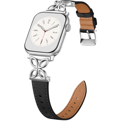 SNBLK Slim Leather Band Compatible with Apple Watch Bands for Women 40mm 41mm 42mm 44mm 46mm 49mm 38mm 45mm, Top Grain Leather Floral Dressy Thin Strap for iWatch SE Series 11 10 9 8 7 6 5 4