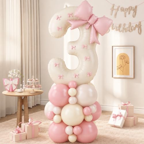 Image of 40 Inch Pink Beige Number 3 Balloon Tower with Bow 3rd Birthday Decorations