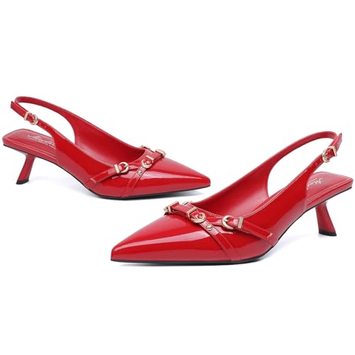 Image of Mostrin Kitten Heels for Women Pointed Toe Pumps Patent Leather Low Heel Slingback Heels with Buckle Dress Shoes for Dating Party Working