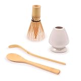 BambooMN Brand - Matcha Green Tea Whisk Set - Whisk + Scoop + Tea Spoon + White Whisk Holder