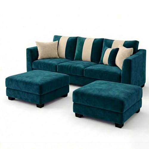Image of Revo 5 Seater L Shape Sofa Set with 2 Movable Ottomans | Flexible Layout | Luxury Velvet Suede Fabric | Modern Living Room Sofa | Greenish Teal
