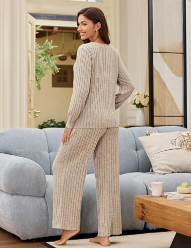 Blooming Jelly Women 2 Piece Pajamas Sets Long Sleeve Casual Ribbed Lounge Set Fall Pj V Neck Loungewear Outfit3