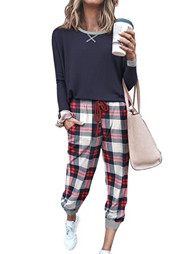 Ekouaer Pajamas Women’s Long Sleeve Sleepwear Christmas Plaid Lounge Sets Winter Pjs With Pockets Blue Plaid,Large #TOP1
