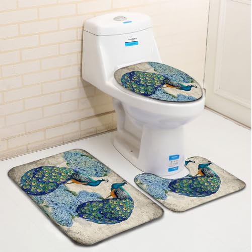 Badematte Pfauenblume Badezimmerteppich Set 3 Teilig Mikrofaser Badteppiche und WC Vorleger mit Ausschnitt Waschbar rutschfeste Badvorleger Toilette Teppich – Bild 4