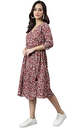 Image of Janasya Women's Cotton Floral Print Angrakha Dress