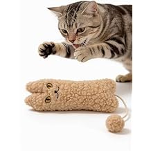sugee Catnip Filled Plush Cat Toy, Beige Interactive Cat Shaped Toy with Pom Pom Ball and String
