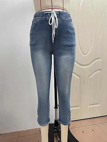 Women's Calf-Length Jeans Fashion Skinny High Stretch Elastic Waist Denim Pencil Pants Casual Slim Jeans Light Blue M4