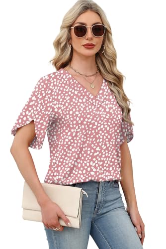 Image of WIHOLL Womens Summer Tops Short Petal Sleeve Shirts Fashion V Neck Womens Clothing