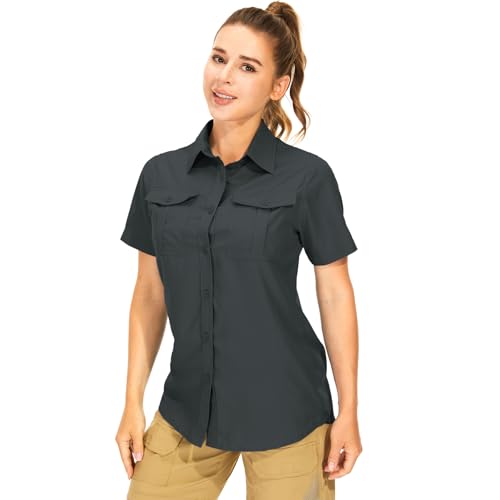 Women's Button Down Shirts UPF 50+ Short Sleeve Sun Protection Shirts Stretch Quick Dry Shirt for Fishing, Hiking, Travel, Black Grey, X-Large