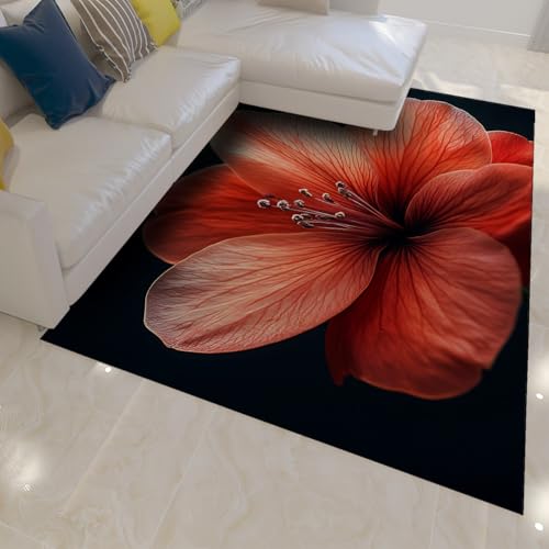 Grandes fleurs rouges tapis noir lavable et résistant - 2
