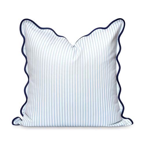Hofdeco Premium Coastal Patio Indoor Outdoor Scalloped Throw Pillow Cover Only 20x20 Water Repellent for Backyard Couch Baby Blue Print Stripes