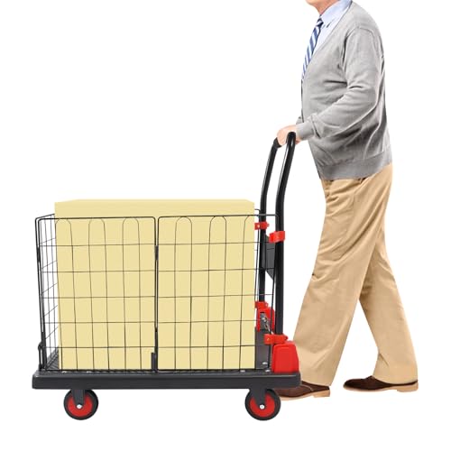660lbs Platform Truck, Removable Cage Cart, Flatbed Hand Dolly Cart, Heavy Duty Hand Truck w/Removable Cage for Grocery/Laundry/Stall/Storage/Warehouse (35.43 * 23.62 * 39.37in)
