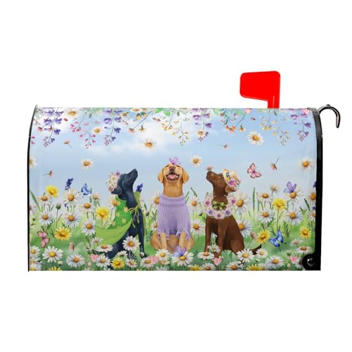 Image of Spring Dog Mailbox Cover with Magnetic 25.5x21Inch Colorful Wildflower Butterfly Puppy Waterproof Mailbox Wrap Letter Post Cover Large Size for Garden Yard Outdoor Season Outside Decor