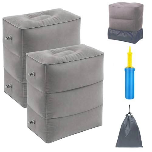 Image of Inflatable Travel Foot Rest Pillow - 3-Layer Adjustable Height Leg Rest for Airplane, Car, Office & Toddler Flight Seat Extender - Soft Flocked PVC, Portable with Pump & Dust Bag (Pack of 2, Grey)