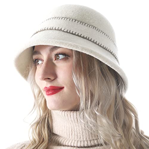 Women Elegant Winter Wool Bucket Hat 1920S Vintage Cloche Bowler Hats (Cream) #TOP1