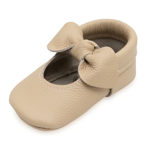 BirdRock Baby Bow and Knot Moccasins - Genuine Leather Baby Girl Shoes (Latte Knot, US 4)