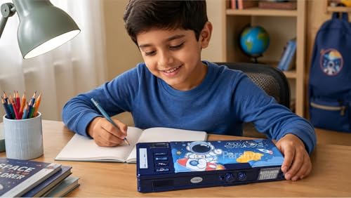 Image of Purple Multifunction Pencil Box for Girls with 2-Digit Password Lock, Built-in Sharpener & Calendar, Dual Sided Magnetic Geometry Compass Box with Buttons, School Gift (Password Lock MSC Space)