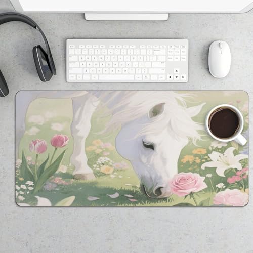 Desk Pad Protector 24x12 Inch Extended White Horse Keyboard Mouse Mat