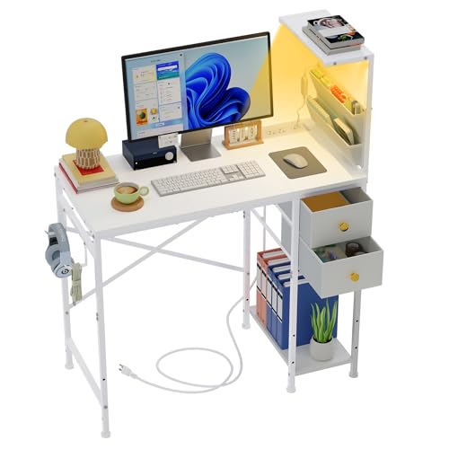 Jakyitvi 33.7' Computer Desk with Power Outlets, LED Lights & 2 Drawers, Small Office Desk with Storage Bag & Hooks, Gaming Desk for Bedrooms or Home Office, Compact Study Desk for Small Spaces，White