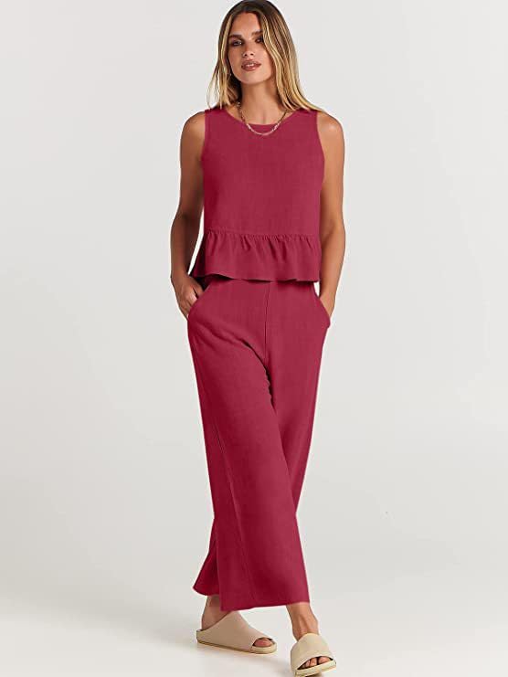 Conjunto de lino para mujer con volantes y acabado premium estilo boho 5