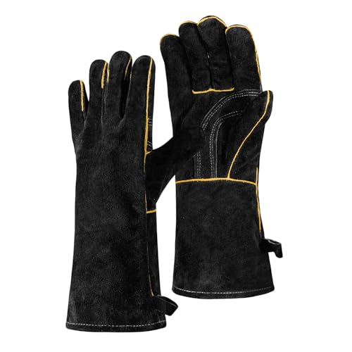 Twinice - Guantes de soldadura unisex de piel resistente al calor y al fuego, para soldador de alambre forrado, herrero, chimenea, estufa de leña, chimenea, parrilla, horno (negro)