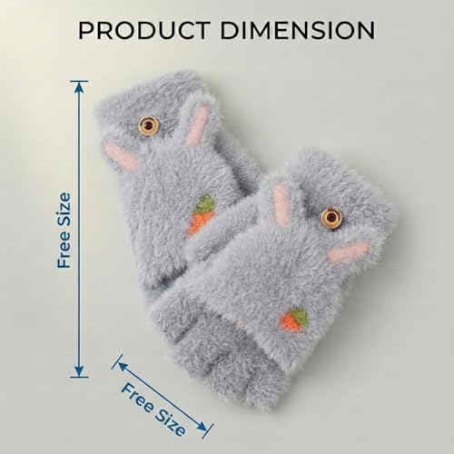 Image of Kraptick Cute Bunny Winter Gloves for Women & Girls - Fluffy Convertible Flip Top Mittens - Warm Fingerless Knitted Woolen Hand Warmer with Button Flap for Typing & Driving (Free Size, Pink)-5