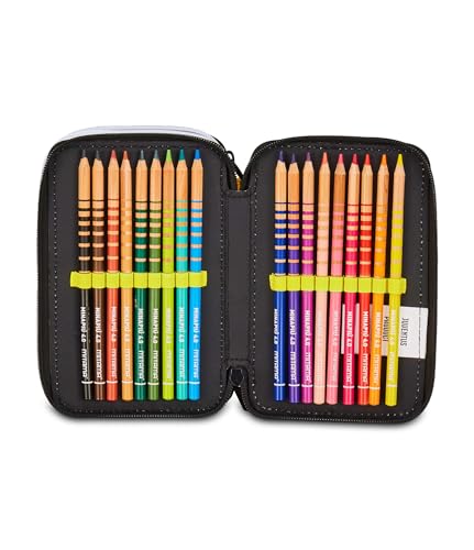 Seven Juventus Federmäppchen für die Schule mit 3 Reißverschlüssen, schwarz, Stiftehalter, dreifach mit Stiften, Bleistiften, Farben, Grundschule, Kinder, Fußball, Schwarz, Modern