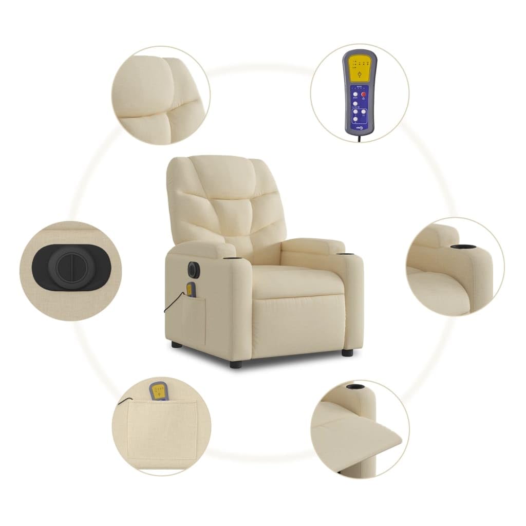Sillón elevador eléctrico reclinable de tela crema con 6 puntos de vibración y función de elevación automática para un asiento cómodo y relajación total