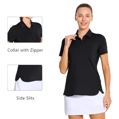 M MAELREG Polo Shirts for Women Short Sleeve Button Placket Casual Solid Collared Womens Golf Polo Tennis Shirts Black — view 5