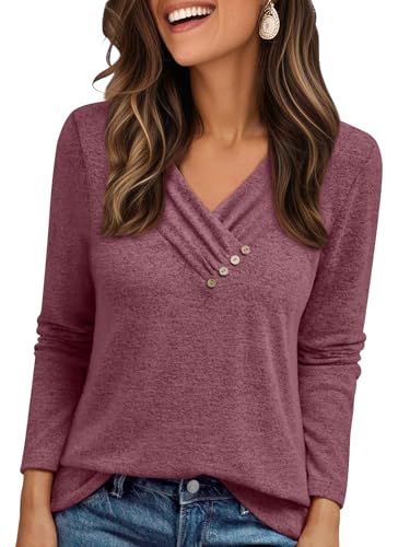 AUTOMET Womens Long Sleeve Tunic Top Lightweight Sweaters V Neck Button Shirts 2025 Dressy Casual Business Blouses Trendy Sweatshirt Fall Fashion Clothing PurpleRed 2XL