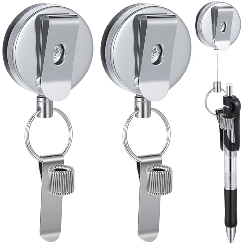2Pcs Retractable Pull Pen Pencil Holder with Pen Clip, 27.5'' Metal Badge Reel, Keybak, Lanyard Pens Holder for Carpenters, Nurses, Waiters, Universal Pens Leash with Belt Clip and Keyback
