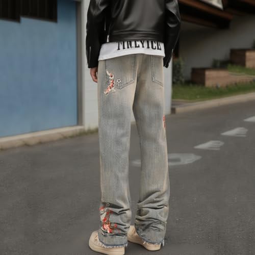 Floral Embroidered Jeans for Men Straight Leg Y2k Vintage Washed Stretch Denim Pants Raw Hem Hip Hop Street Trousers2