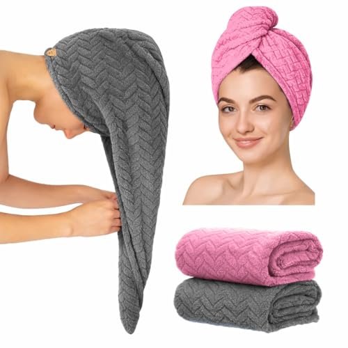 Image of MAXOSHINE Hair Towel Wrap for Women-Quick Drying Microfiber Towel for Hair with Elastic Loop for Tying-Super Absorbent Head Towels Wrap for Ladies Hair Turban, Pack of 2