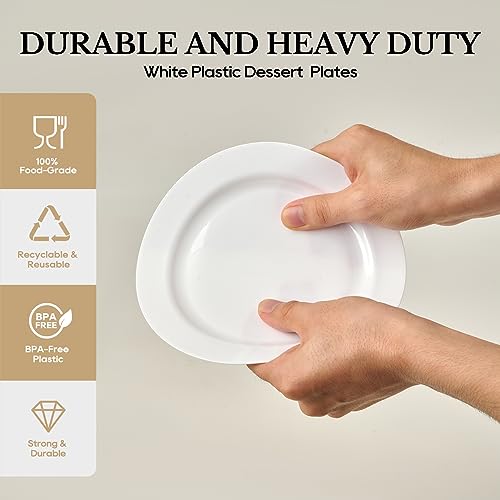 Focusline FL100-7WHITEPLATES 100 Count White Plastic Plates 7 Inch, Disposable Heavy Duty Plastic Dessert Plates- Premium Hard Plastic Plates Fancy Disposable White Plates thumb #2