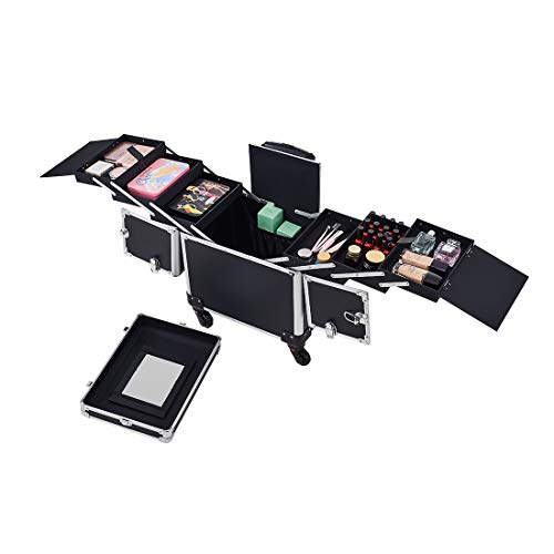 OUDMAY by Amazon - Makeup Case - Professional Rolling Cosmetic Travel Organizer With Mirror and Independent Lid Black