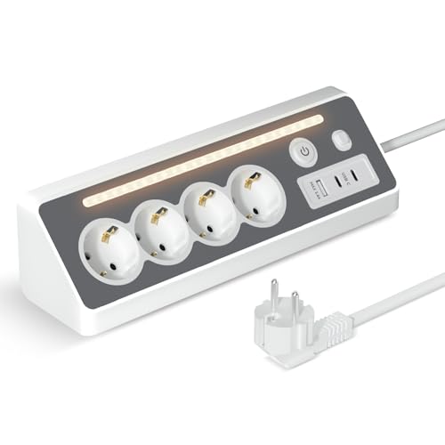 Aipsdo Regleta de enchufes, enchufe múltiple con USB, 4 enchufes con interruptor, regleta USB, adaptador de enchufe con protección contra sobretensiones con LED, enchufe doble