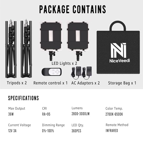 NiceVeedi 2-Pack Photography Lighting Kit, 36W Bi-Color Studio Lights 2700-6500K CRI 95+, Dimmable LED Video Light Kit with Remote Control & 72” Tripod Stand, Lighting for Video Recording/Photography