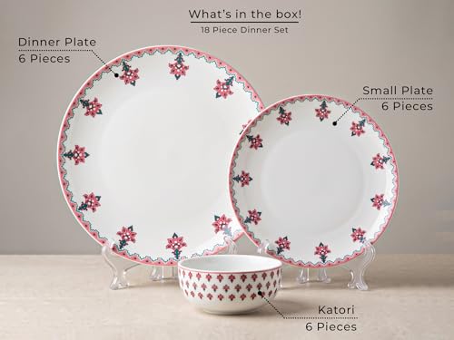 Image of Bodhi House Premium Porcelain Dinner Set 18 Pieces Serving for 6 | Pink Blossom Floral Design | Microwave & Dishwasher Safe | Crockery Set | Dinnerware Set for Home, Dining, Kitchen & Gifting
