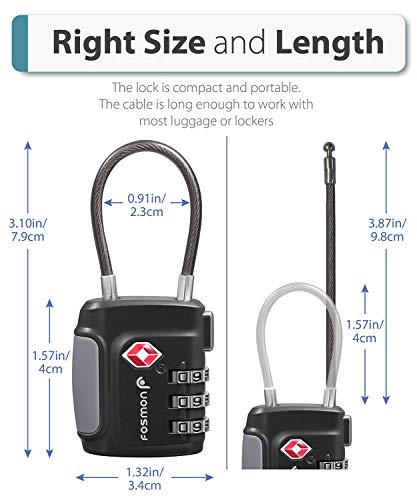 Fosmon Tsa Accepted Cable Luggage Locks, (4 Pack) Re-Settable Easy To Read 3 Digit Combination With Alloy Body And Release Button For Travel Bag, Suit Case & Luggage - Black #TOP3