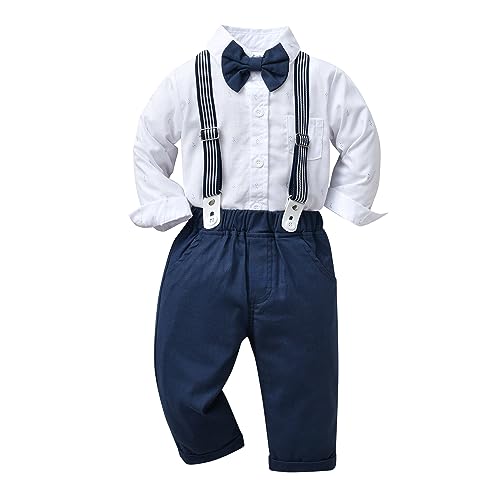 Image of Boarnseorl Baby Boys Pants Sets, Infant Long Sleeve Shirt + Pants + Bow Tie + Suspenders Outfits