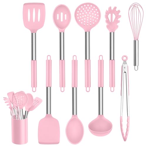 Küchenhelfer Set, Homikit 10 Stück Silikon Küchenutensilien Kochbesteck Set mit Edelstahlgriff, Antihaft Hitzebeständiger Rosa Kochutensilien Set, Gesund, Spülmaschinenfest