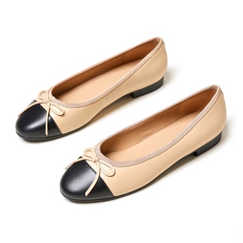 LEMUTISME Women's Classic Round Toe Matte Leather Two-Tone Bow Ballet Flats Comfort Casual Closed Toe Daily Slip On Bow Pumps Shoes2