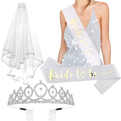 Crown + Bride to Be Sash, Veil Set - Bachelorette Party Favors, Wedding Decorations, Bridal Shower Gifts for the Bride