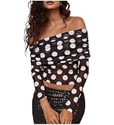 WDIRARA Women's Mesh Polka Dots Off Shoulder Crop Top Ruched Long