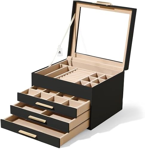 Jewellery Box for Women,PU Leather with Velvet Lining and Glass Top,Large Capacity Multi Compartment Organizer,Dust-proof Jewelry Case for Rings Earrings Necklaces Gift