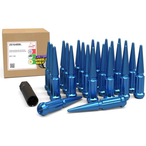Image of Wheel Accessories Parts 24 Pcs + 1 Key M14x1.50 14x1.50 Thread Spike Spline 4.40 inch Long Lug Nuts Blue Truck Spline Hex Fits Chevy Silverado GMC Sierra Ford F-150 RAM 1500