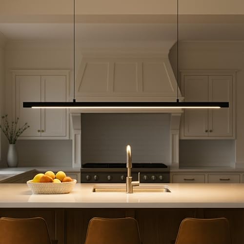Lorbits LED Linear Pendant Light, Office Light, Flicker-Free, Dimmable, Modern Ceiling Lighting for Bedroom Dining Room Table, 20W 3000K Warm Light 47.2" Black