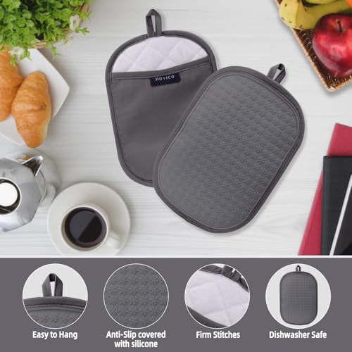 Hovico 2PCS Silicone Pot Holders, Oven Mitts Heat Resistant Hot Pads with Pockets, Non Slip Pot Holder for Kitchen Baking and Cooking| 9.8 x 7 Inches | Towel Cloth Interior Lining - Gray - Thumbnail 3