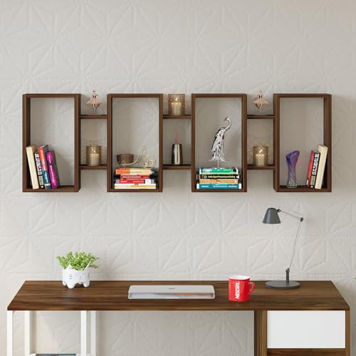 Image of BLUEWUD Steda Multipurpose Wall Mount /Free Standing Bookshelf, Open Decor wall Display Shelves, Storage Cabinet Racks Organizer for Living Room Bedroom Office Home (Brown Maple)